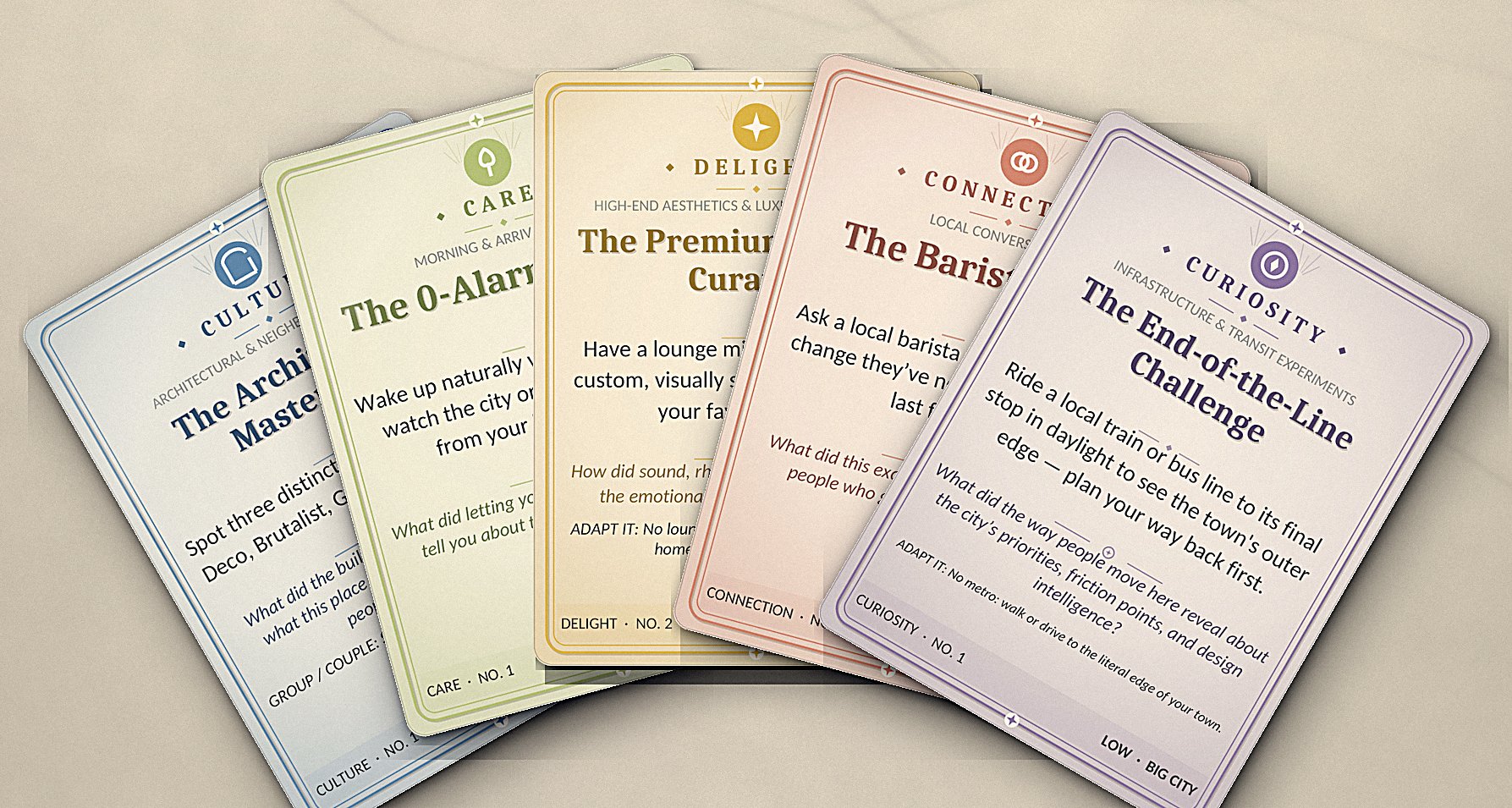 Five sample mission cards, one from each envelope: Care, Connection, Culture, Curiosity, and Delight